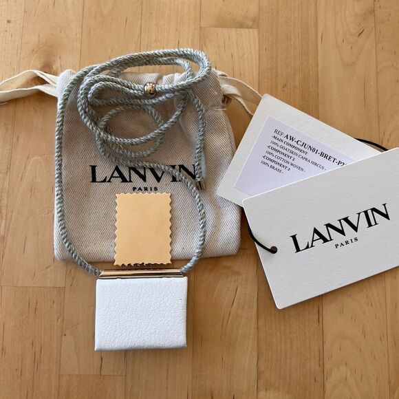 Lanvin White Leather Envelope Necklace Gold Plated Brass Stamp Adjustable
